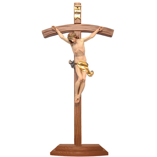 Table crucifix with base, curved cross in coloured Valgardena