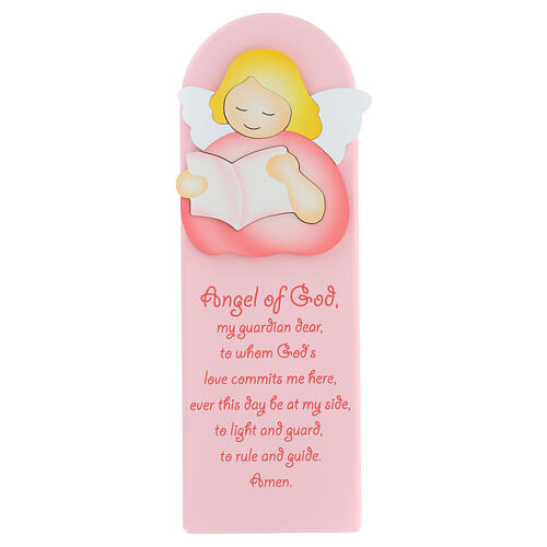 Pink picture of pink reading angel with ENG prayer, wood, Azur Loppiano, 12x4 in 