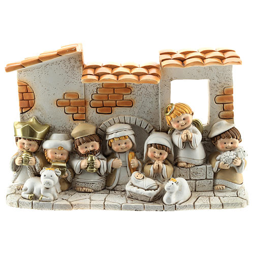 nativity scene with hut made of resin with 10 characters 10x15 cm childrens line