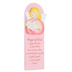 pink picture of pink reading angel with eng prayer wood azur loppiano 12x4 in