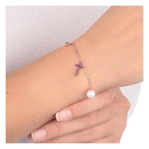 AMEN bracelet with purple zircon charm, purple zircon cross and pearl, 925 silver