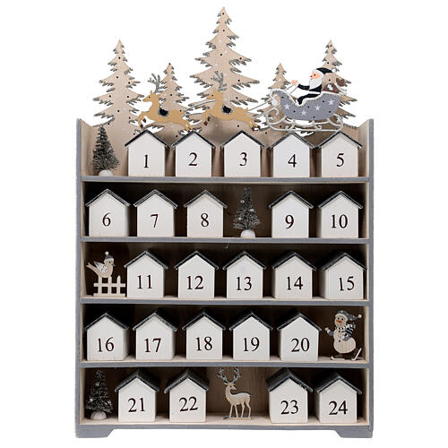 Advent calendar, Santa on his sleigh, grey wood, 10x16 in 