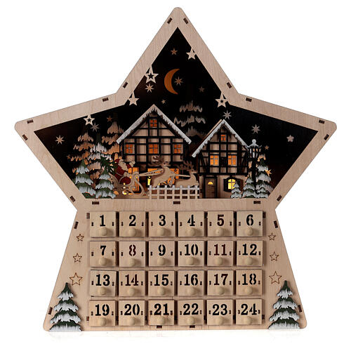 Wooden Advent calendar, star-shaped, with lights and music box, 40x40x10 cm 