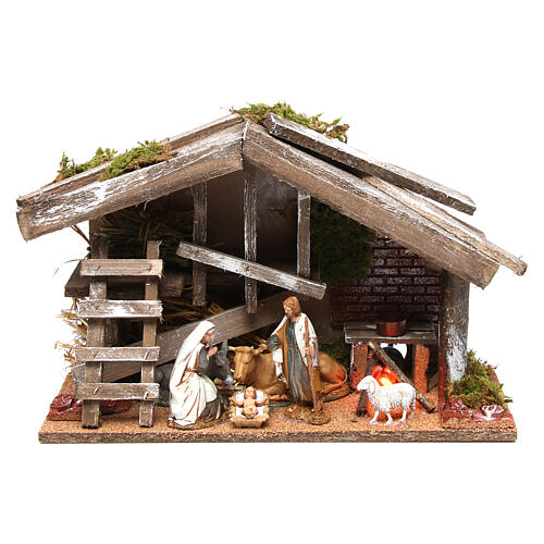 wooden stable with holy family and oven 25x35x15 cm